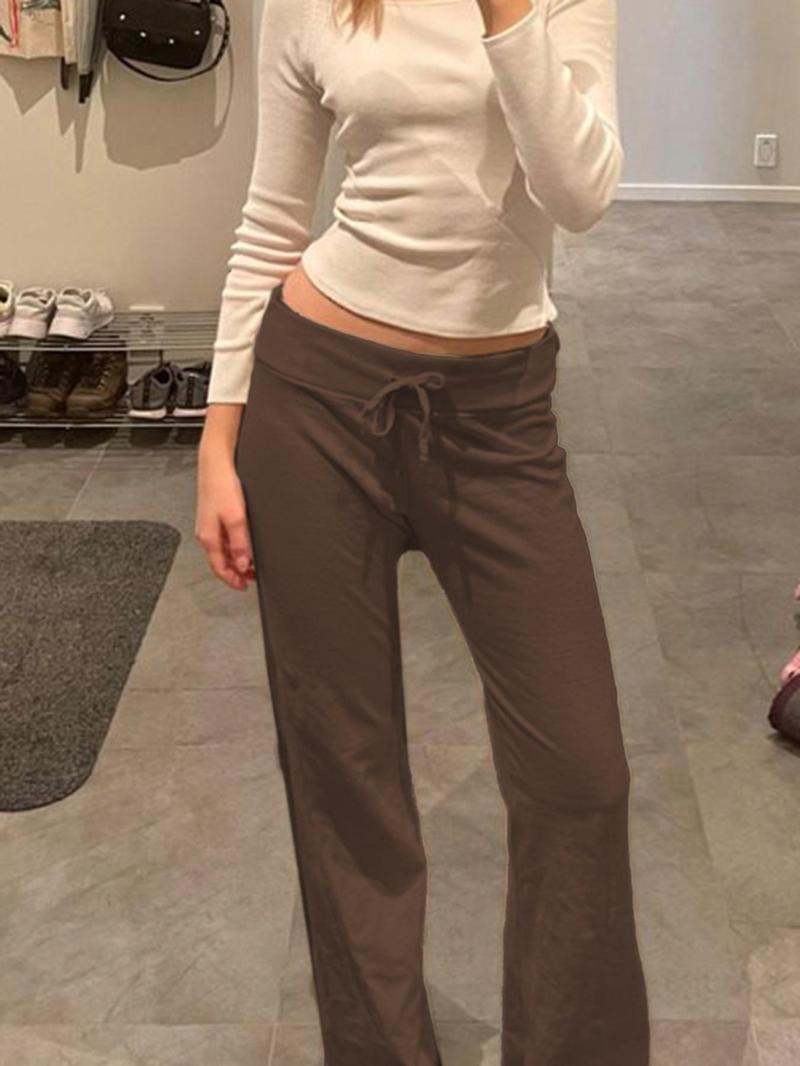 Product Introduction of Women's Solid Drawstring Foldover Waist Straight Leg Pants, Pants for Women, Fashion Casual Drop Waist Trousers, Trousers for Women, Women's Bottoms, Back To School Clothes,  Winter Outfits 9