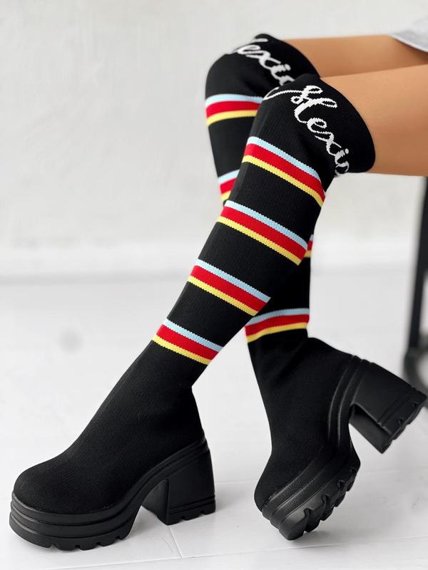 Women's Fashion Striped Print Over-the-knee Boots, Punk Style High Heel Boots for Fall & Winter, Trendy Letter Print Chunky Heel Boots 1