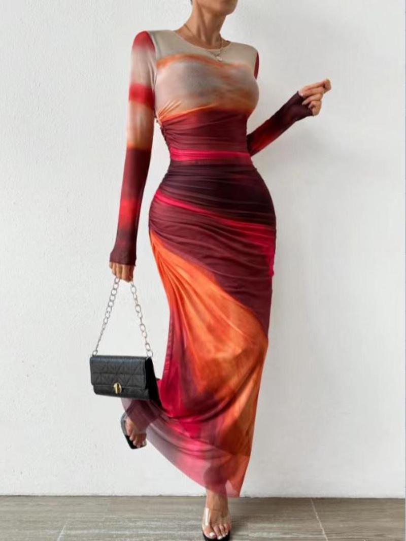 Product Introduction of Women's All Over Print Ruched Bodycon Dress, Elegant Long Sleeve Round Neck Long Dress for Party Holiday Wedding Guest, Ladies Clothes for All Seasons， Tall Clothing Women 7