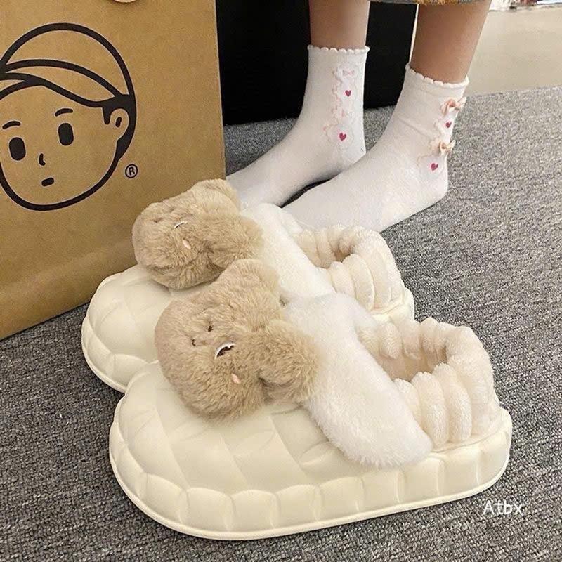 Dép sục lót lông hoạ tiết gấu bông xᶖnh xᶖnh lót lông có thể tháo rời Slipper Có Quai Women DéP Hoa Nữ