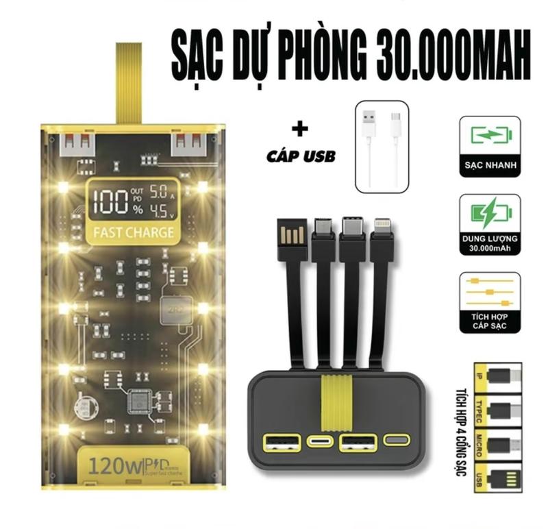 30000mAh high-capacity fast-charging power bank, TechZone, 2A charging port, built-in 4 charging cables, stylish and compact