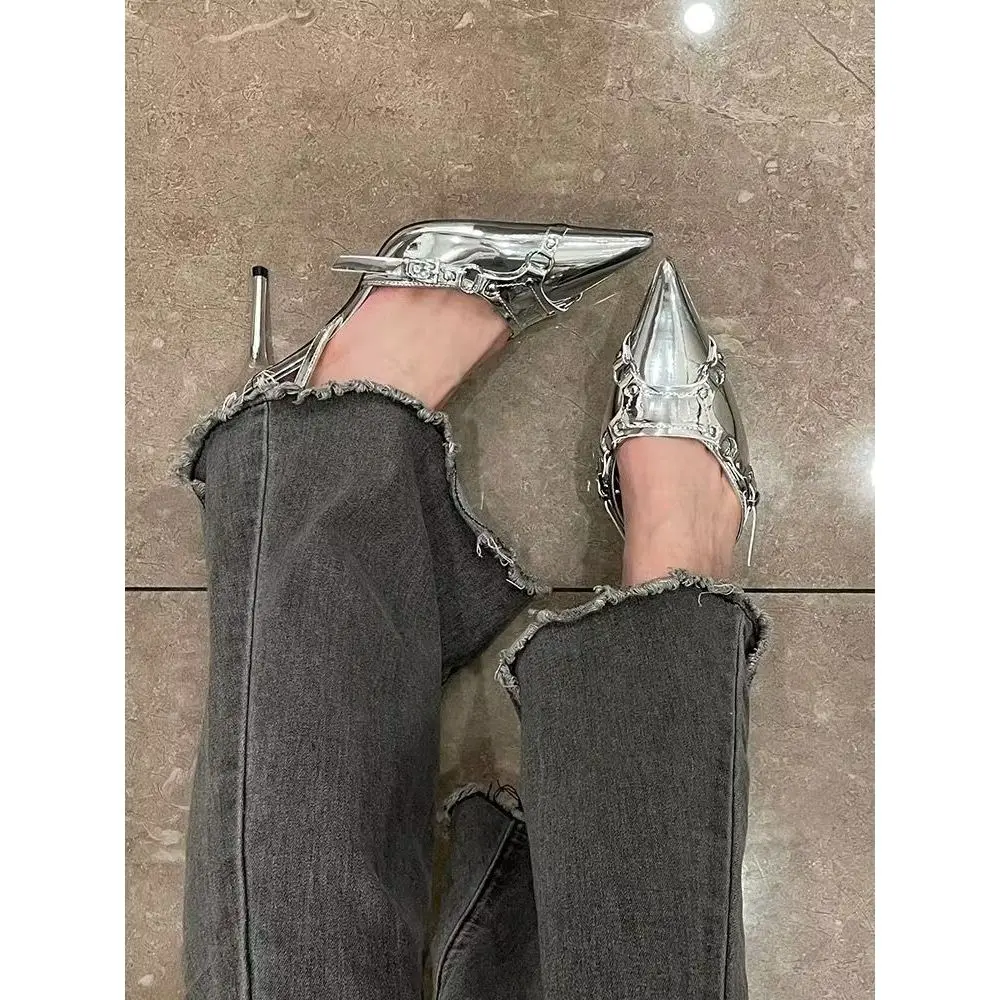 Giày Cao Gót, Phong Cách Cao Cấp Bít Mũi Dép Mũi Nhọn Internet Nóng Bỏng Cắt Nông Khóa Đinh Tán Dây Đeo Nữ Shoes Đồng Nhung