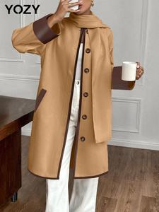 YOZY Women's Solid Patchwork Button Front Pocket Hooded Coat with Scarf, Casual Long Sleeve Outerwear for Fall & Winter, Ladies Clothes for Daily Wear