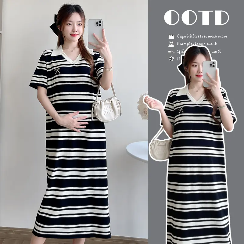 Z68904# Pregnant Dress Dress Women Korean Style Striped Summer New Arrival Pregnant Pregnancy Clothes Knitted Mid-Long Pregnant Womens Clothing