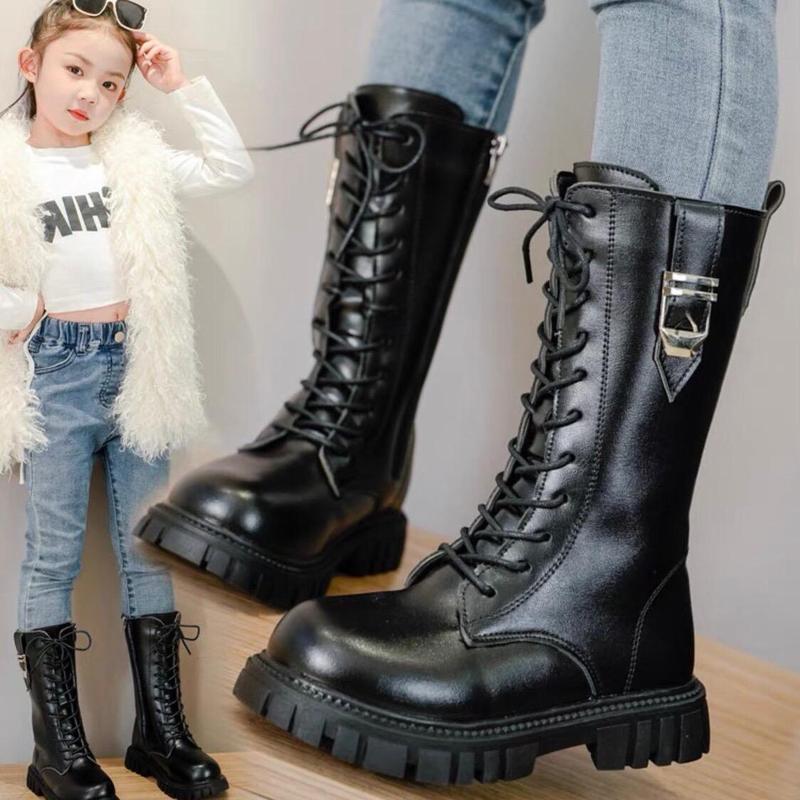  Giày Bốt Dài Da Mềm Dành Cho Bé Gái 3- 15 Tuổi - Phom To Phù Hợp Nhiều Kích Thước Chân Tiện Lợi Dây Kéo Khoá Màu Đen Trắng - Phong Cách Hàn Quốc Tươi Trẻ đùi 