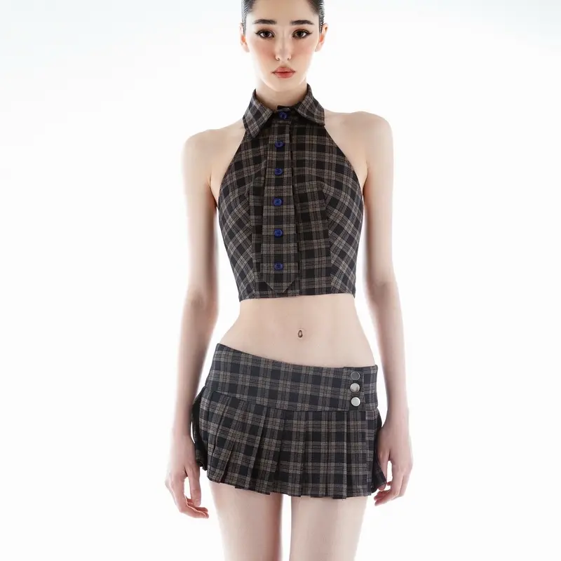 Áo croptop cổ sơ mi hở lưng dây kéo phía sau phối caravat ( Desejo top ) Nữ Women Thun 4