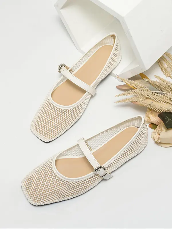 Women's Fashionable Solid Color Hollow Out Design Black Flats Shoes, Flats Sandals, Casual Comfortable Square Toe Ballerina Soft Sole Walking Shoes for Summer, Lightweight Breathable Shoes for Daily, Girl, Ballet Flats, Footwear 3