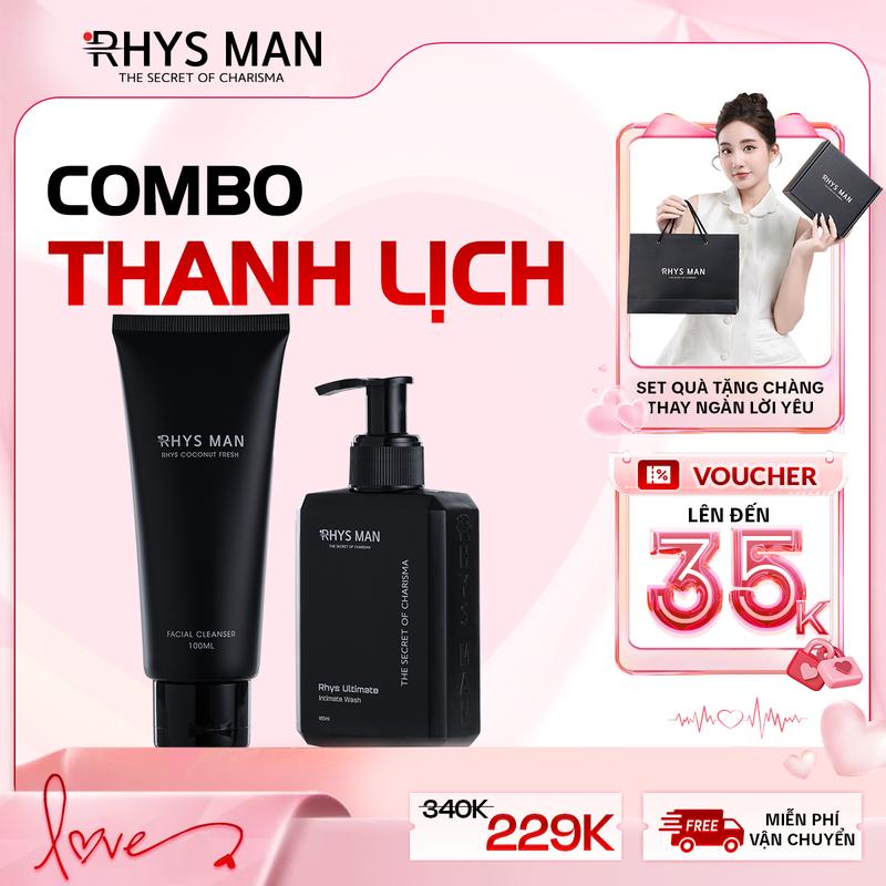 [QUÀ TẶNG VALENTINE] Combo Thanh Lịch dành cho nam giới RHYS MAN (gồm Sữa rửa mặt 100ml & Gel vệ sinh nam 120ml) - Tặng 1 Set Hộp & Túi Cosmetic Tẩy Trang - Gel Rửa Mặt