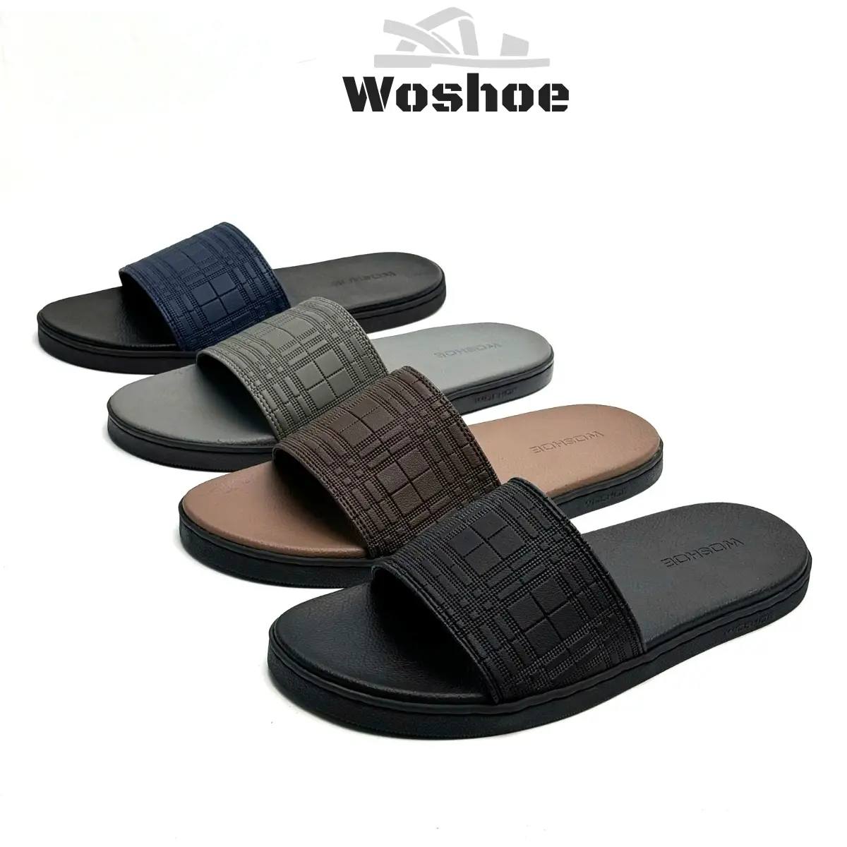 [Mã TếT 50K]Dép Nam đi mưa Khâu Tàng Hình WOSHOE Dép Lê Nam Quai Ngang da Microfiber in vân 3D Đế Cao Su Khâu quai-Khâu đế Đế Bằng Slipper