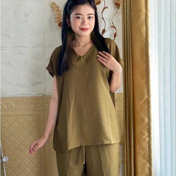 HARGA SPECIAL 3PCS ONE SET SETELAN BAJU WANITA / HOTPANS BAHAN CRINKLE AIRFLOW / CELANA PENDEK WANITA / BAJU TIDUR LENGAN PENDEK LD 120 8