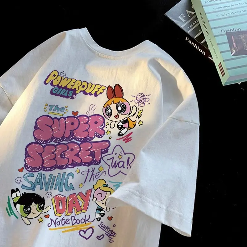 T-Shirt Lengan Pendek Baju Kaos Oversize kartun powergirl Korean Style Bahan  Cotton