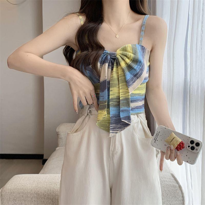 Product Introduction of Sweet and Spicy Style Striped Small Sling Vest Women's Summer Inner Wear Outer Wear Design Sense Niche Bow Sleeveless Short Top turtleneck  tank Lingerie Plaid Spaghetti Strap tank  top camisole  tops baby  tee 24