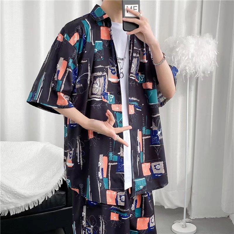 Short-sleepted men's fashion summer ice silk Free Shipping Hong kong-style Ruan Home wear half-pajama shirt loose floral shirt coat suit 2
