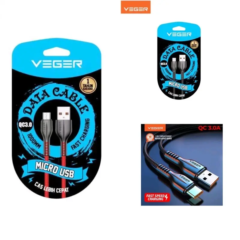 Kabel Data Veger VG-18 For Micro / VG-18 Type-C / VG-18 LIGHTNING ( ISI 3 PCS) QC3.0 100Cm Fast Charging Original Veger Hitam Merah