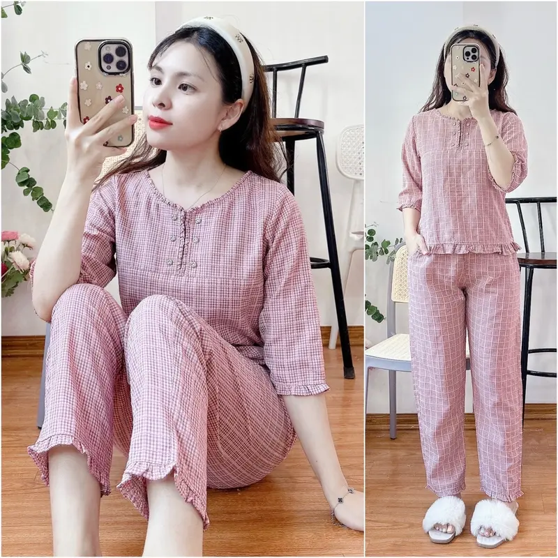 Bộ mặc nhà 6 khuy cổ nhún bèo xinh chất thô kẻ lông mềm. 4