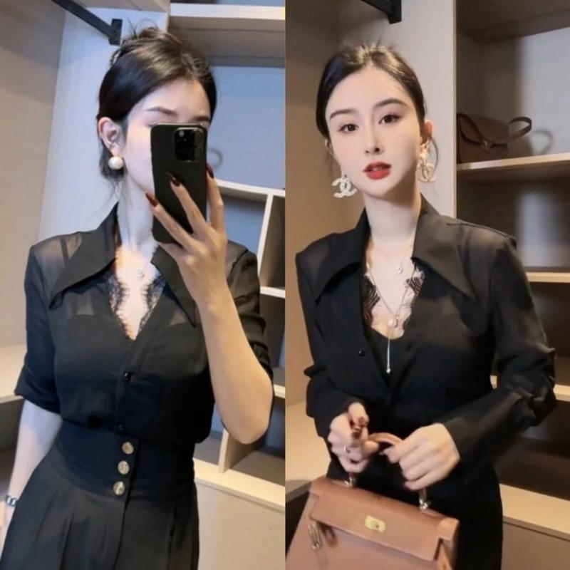 Áo Sơ Mi Voan Đen, Phong Cách Mùa Xuân Và Mùa Hè Dễ Thương Và Gợi Cảm, Khâu Ren, Dễ Phối Đồ Và Thanh Lịch, Thiết Kế Trông Trẻ Trung Áo Dài Tay, Y2K, Ins Năm 2024 Nữ Women Top Shirt