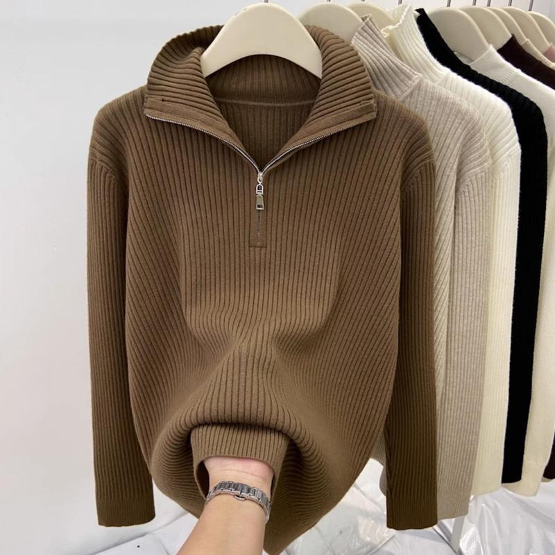 200 Wearable plus Size Polo Top Women's Autumn and Winter Half-High Collar Half-Open Zipper Sweater Loose Slimming Sweater Fashion 1