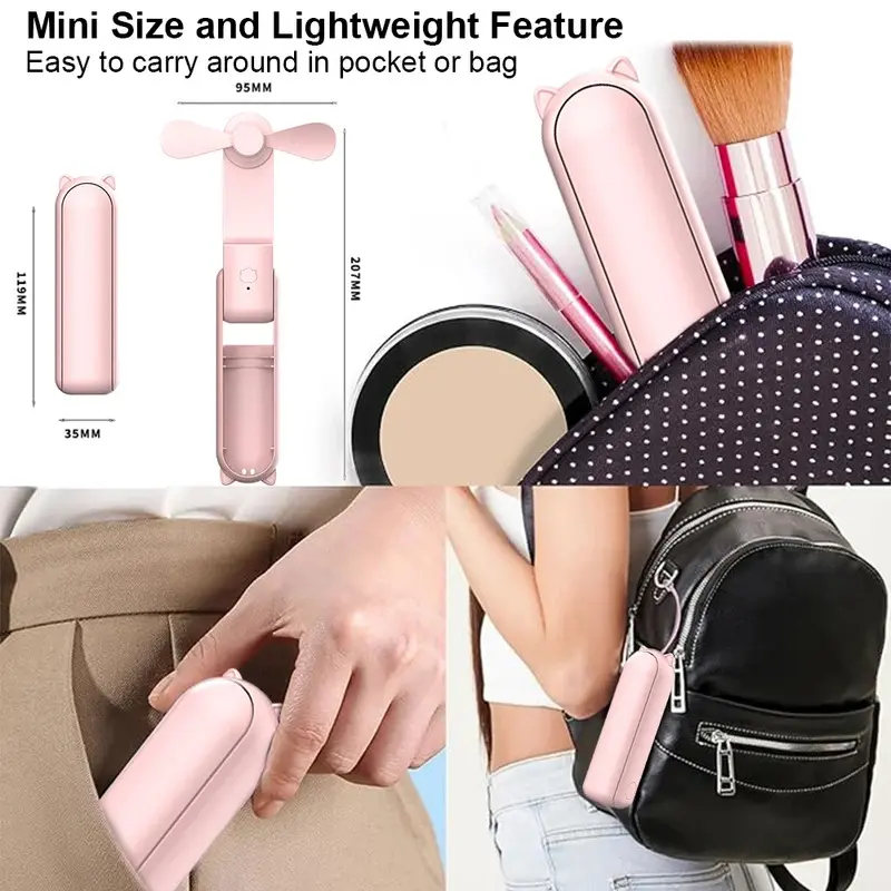 Portable Fan Super Mini Handheld Fan USB Rechargeable Fan Foldable Hand Held Small Pocket Fan with 2000mAh Power Bank 3 Gears 5