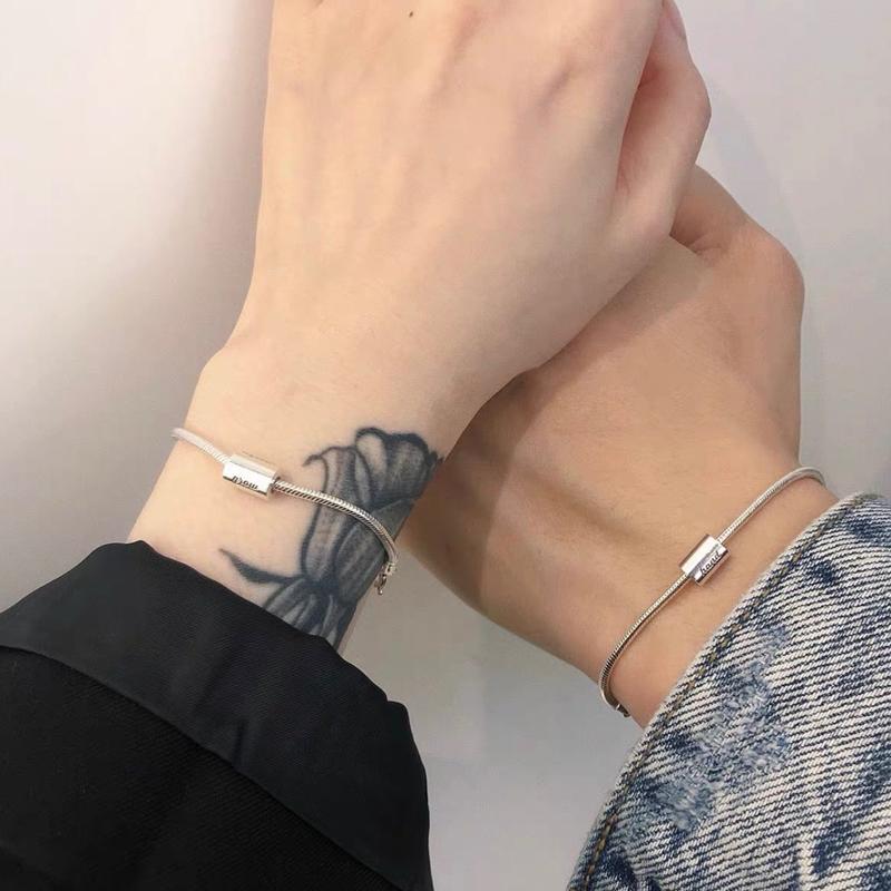 Lắc tay bạc đôi khắc chữ ý nghĩa, love you s925 The Mind