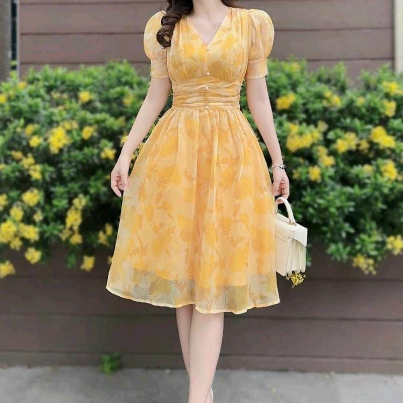 Đầm voan hoa tay phồng đính cườm eo đi chơi đi tiệc đều xinh 4