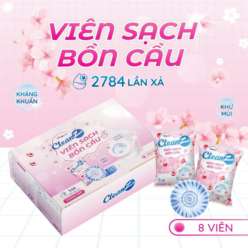 Combo 1 hộp 8 viên thả bồn cầu Cleanz giúp diệt khuẩn bám bồn cầu, viên thả thơm toilet hương đào tự nhiên tươi mát Làm Sạch