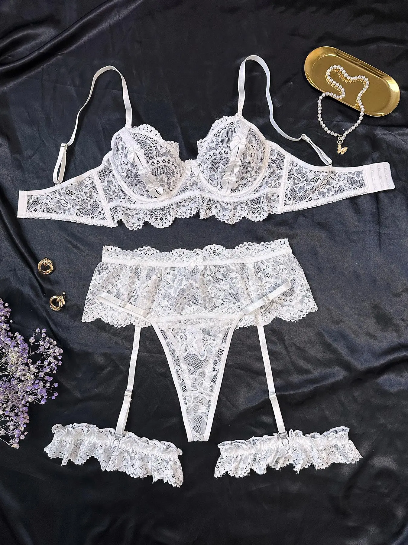 Women's Sheer Lace Lingerie Set, Adjustable Strap Push Up Bra & Thong & Garter Belt & Thigh Garter, Ladies Sexy Lingerie Set