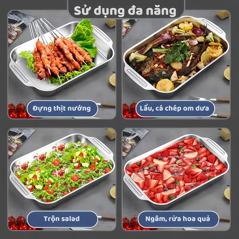 Khay Nấu Ăn Inox Sus410 Có Nắp Để Om cá, Nướng Bánh, Nấu Lẩu Đa Năng - Kích Thước 41cm x 24cm x 8cm 7