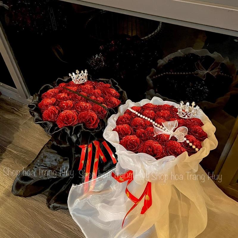 Bó hoa nhũ đỏ 20 BÔNG XẾP TRÒN bó vải voan Decor Decor Phòng Phòng Khách Trang Trí Nhà quà tặng