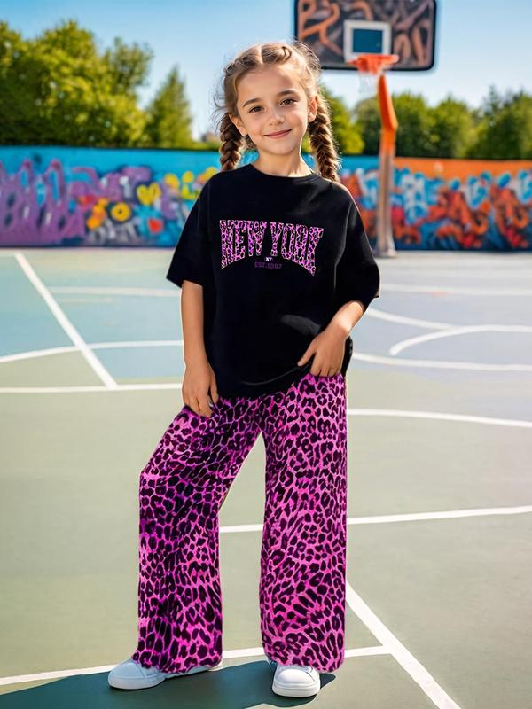 Two-piece Set Girl's Leopard Letter Print Tee & Pants Set, Casual Fashion Round Neck Short Sleeve T-shirt & Trousers for Daily Outdoor Wear, Kids Clothing for Summer, Rounded Neck 0