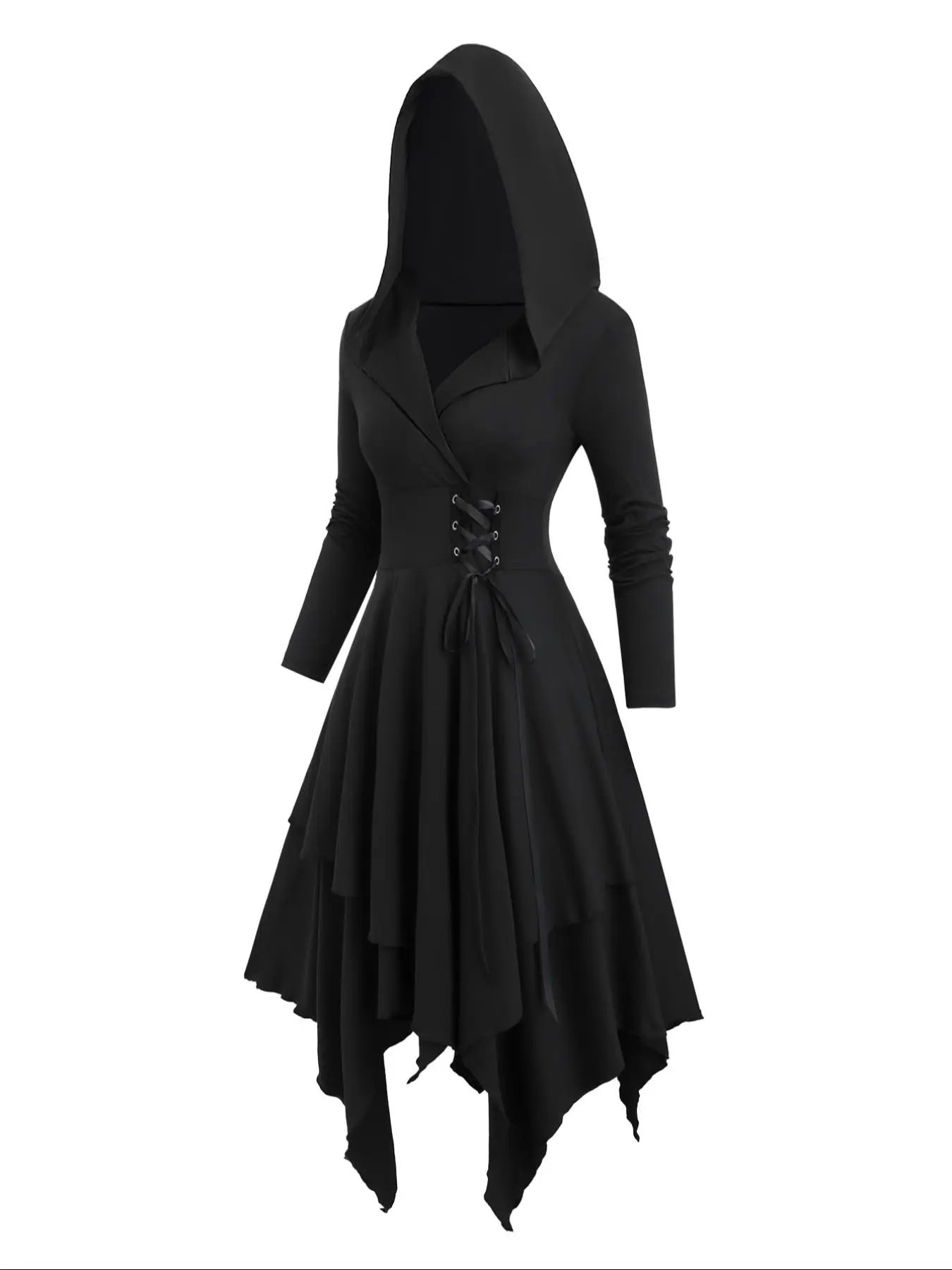 【Plus Size】 Lace Up Wrap Hooded Dress, Elegant Asymmetrical Long Sleeve A Line Dress for Party Holiday Wedding Guest, Women's Clothes for Fall & Winter