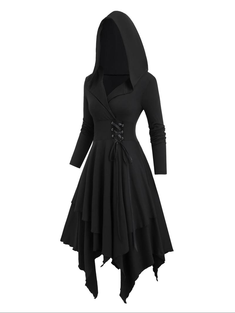 Product Introduction of 【Plus Size】 Lace Up Wrap Hooded Dress, Elegant Asymmetrical Long Sleeve A Line Dress for Party Holiday Wedding Guest, Women's Clothes for Fall & Winter 6
