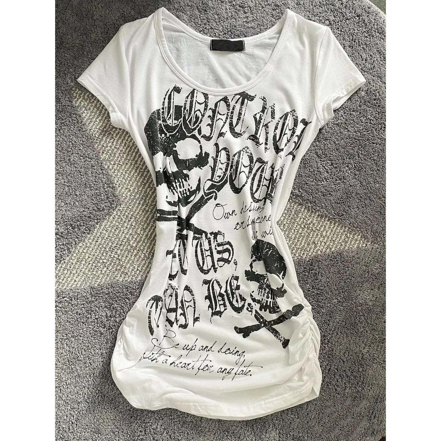 Hot Girl Letters Vintage Tight Waist Slim-Fit Short-Sleeved Summer American Black Skull Bones Printing Mesh Red Top