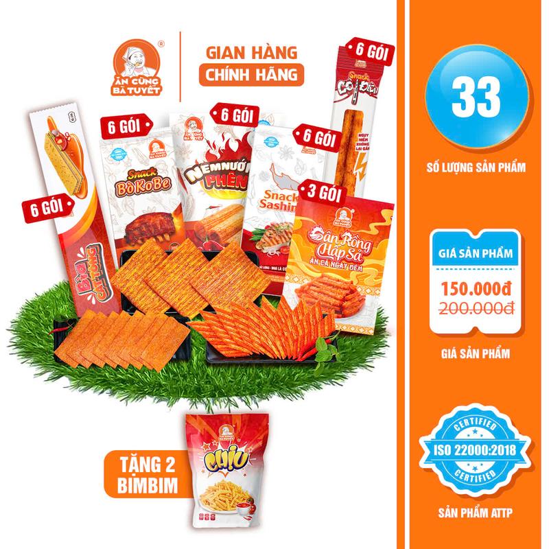 [ Tặng 2 gói chịu] Combo CHIẾN BINH TẬN THẾ gồm: 6 gói Snack Nem Nướng+6 Gói Snack Sashimi+ 6 Gói Snack Bò Kobe  +6 gói snack bìa cát tông  +6 gói cột điện  +3 gói snack gân rồng - Đồ Ăn Vặt Snack Ăn Cùng Bà Tuyết