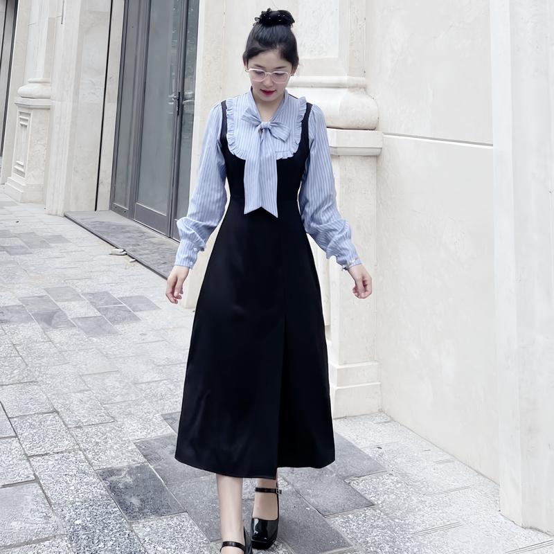 Product Introduction of Đầm Ela Clothing Thiết Kế Kẻ Nơ Phối Viền Bèo Tay Dài Cho Nữ - Women Dress váy  dày donna  đầm sét  dạ nha  dress 3