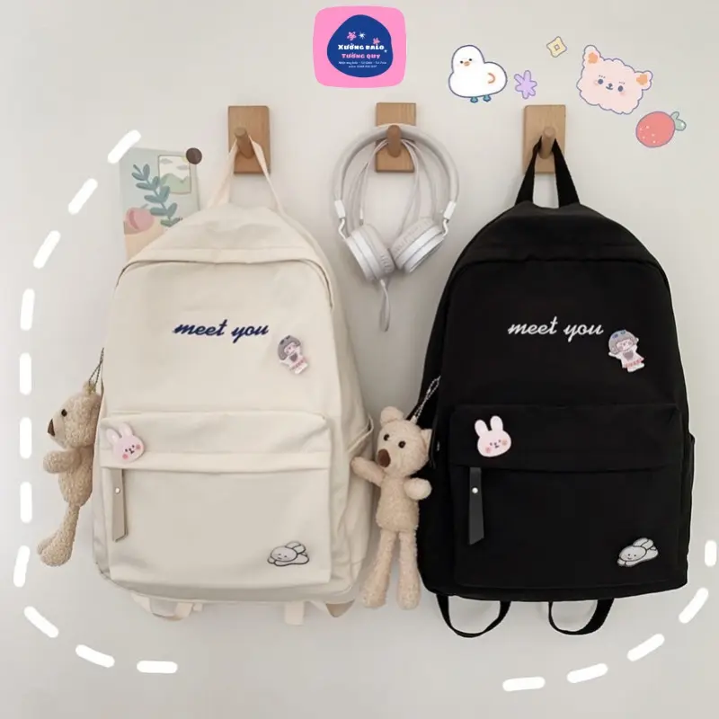 Balo đi học vải bố vừa A4 Meet you  c ặ p balo da balo mini ba lô balo hello kitty hồng balo basic hàn quốc balo da đi học nữ