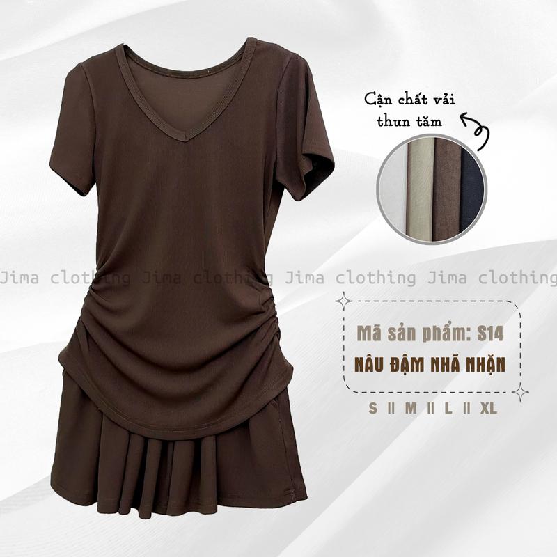 [Set Cổ Tim 01] Set bộ đồ nữ Áo Nhún eo Cổ Tim kèm Quần váy trẻ chất liệu Thun Tăm hàn - Jima 114 Women Kem 4