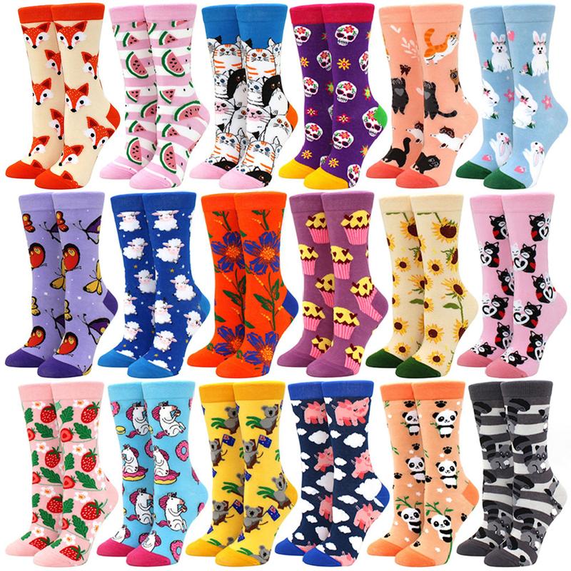 Novelty Woman Socks Harajuku Cotton Funny Happy Cartoon Cat Dog Pattern ...