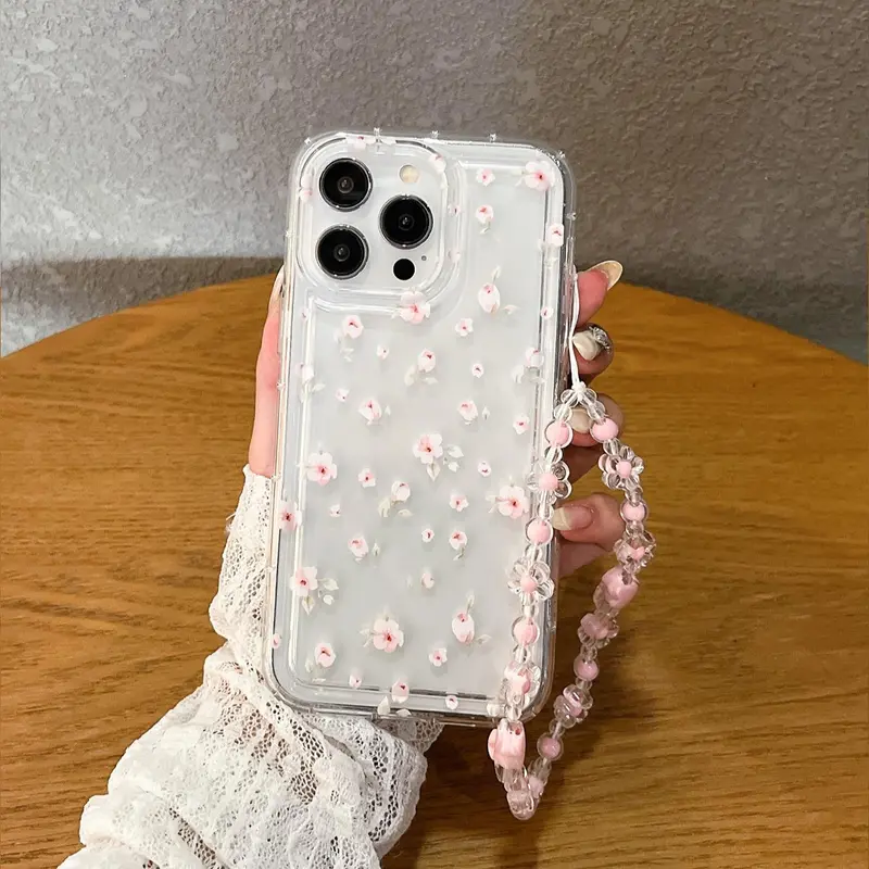 Cherry Blossom Pattern Phone Case with Lanyard, Decorative Phone Protector Cover, Phone Accessories Compatible with iPhone Samsung 2