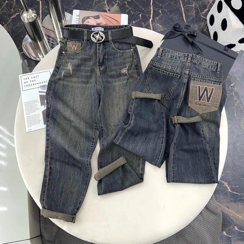JEANS (203) QUẦN JEANS BAGGY CẠP LƯNG CAO MẶT TRƯỚC PHỐI RÁCH XƯỚC CHẤT JEANS COTTON MỀM MỊN JEANS QC CAO CẤP NỮ 0
