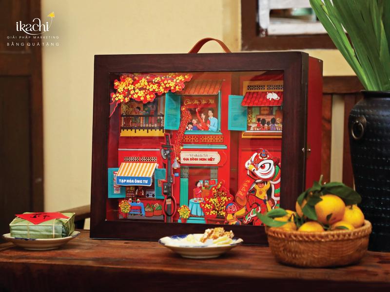 Combo Quà Tặng Set Hộp quà tết xanh Ikachi - KHU PHỐ TẾT tặng Người thân Gia đình Doanh nghiệp 5 món Food