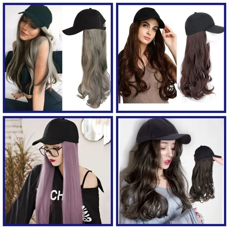 Topi Besbol Rambut Palsu, Rambut Lurus / Keriting, Rambut Palsu Rambut Manusia Hitam Alamiah, Sambung Secara Semulajadi, Rambut Palsu Topi Hair