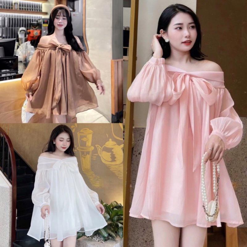  Đầm babydoll trễ vai đính nơ tay bồng chất voan tơ 2 lớp nâu trắng hồng Váy công chúa hở vai đi chơi dự tiệc tiểu thư MEO MEO SHOP 