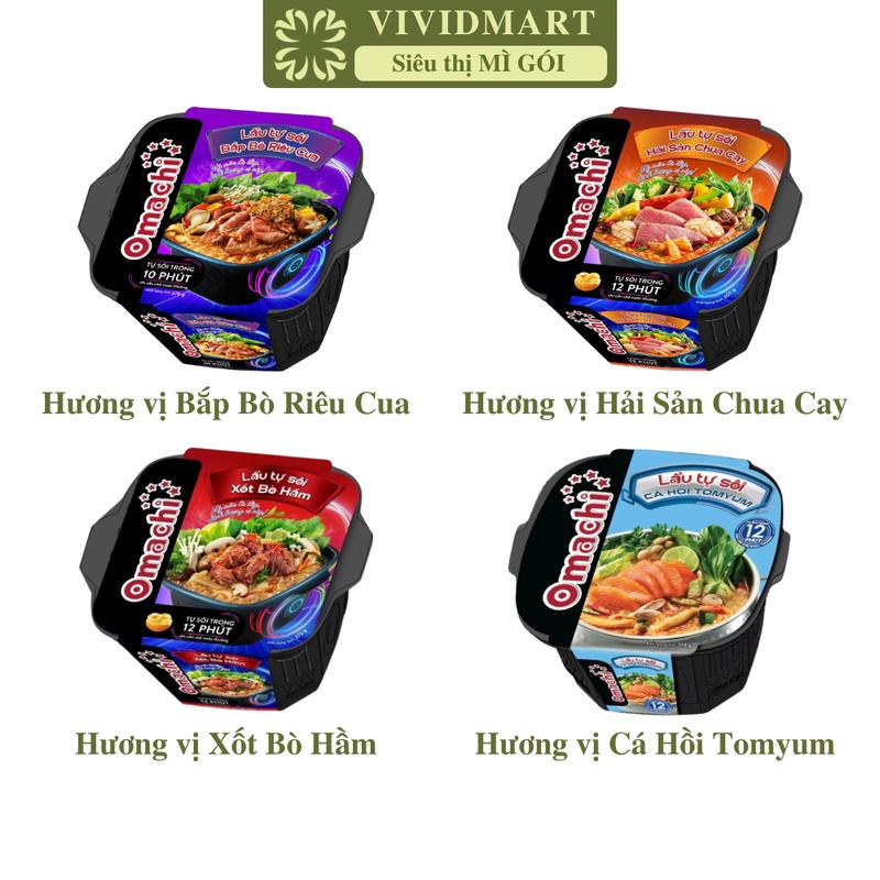 HỘP LẺ - MASAN - Mì lẩu tự sôi Omachi 4 vị: Bắp bò riêu cua Hải sản chua cay Xốt bò hầm Cá hồi tomyum 117-307g hộp