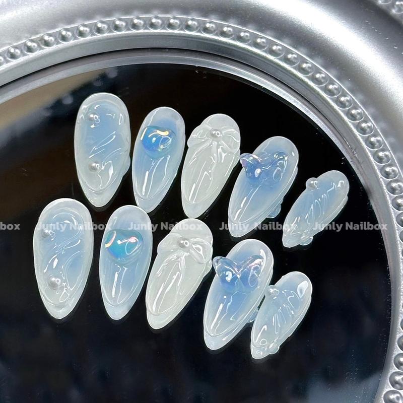 Nailbox Thiết Nơ Xanh Gel Nổi 109 (Ảnh Thật Shop Chụp) - Bộ Kit 10 Nail, Keo Mini, Dán Nail Chuyên Dụng, Dũa Mini, Giấy Lau và Cây Tăm Gỡ Nail Nữ