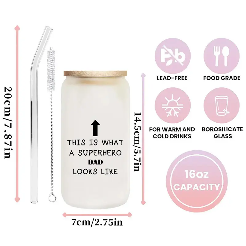 16oz Glass Cup with Straw & Brush, 1 Count Letter Pattern Glass Cup, Drinking Cup for Home Office Use, Gift for Father's Day, Drinkware 1