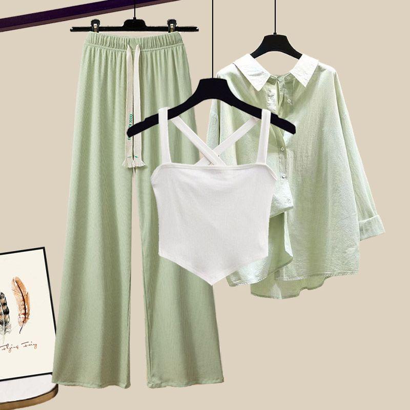 Product Introduction of plus Size Women's Summer Suit Female 2024 New Slim Korean Style Shirt Cross Tank Top Wide Leg Pants Three-Piece Suit Suit 3