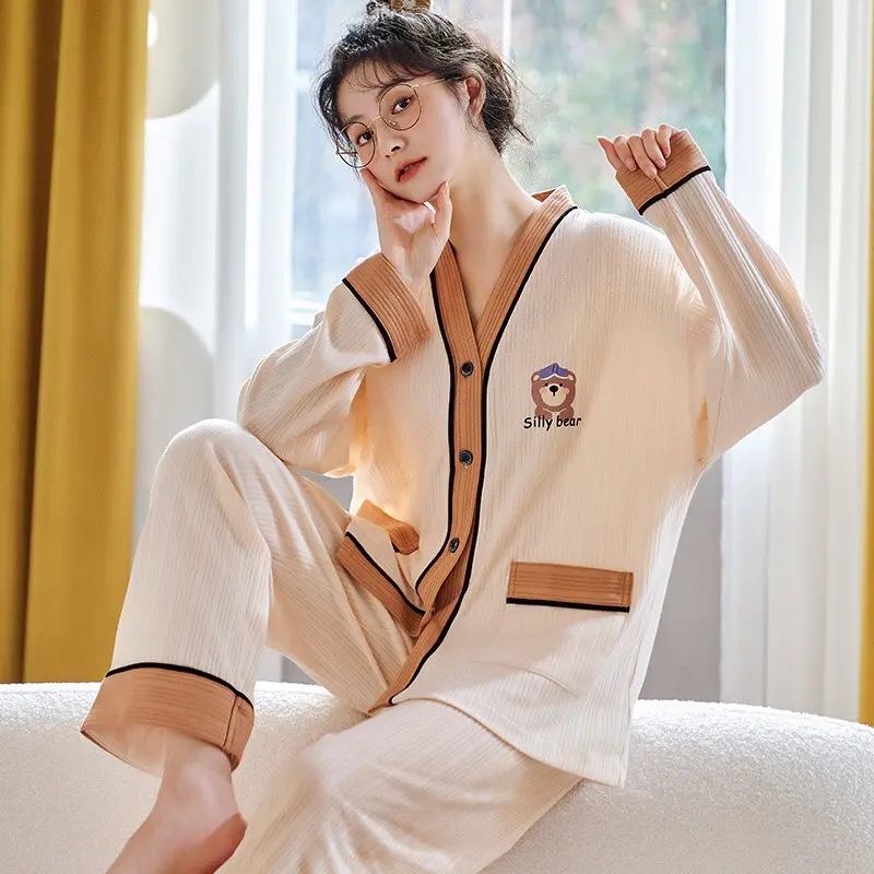 [TD7]Bộ Ngủ Nữ Pijama Áo Dài,Quần Dài, Chất Liệu Cotton Len Tăm Thu Đông 2023( Hàng Quảng Châu Cao Cấp)