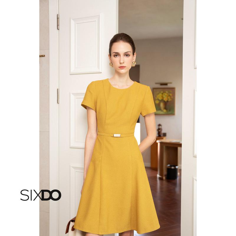 [HN]Đầm thô vàng dáng xòe cộc tay SIXDO (Glitzy Gold Woven Flared Dress) 0