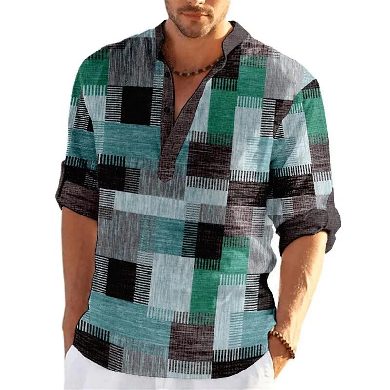 Product Introduction of Men's Spring and Summer Retro Fashion 3D Printed Color blocked Grid Pattern Henley Collar Long Sleeve Shirt Top 10