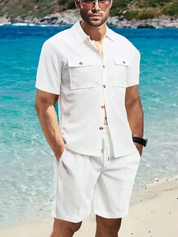 Two-Piece Set Men's Solid Color Waffle Knit Utility Shirt & Shorts, Casual Short Sleeve Collared Top & Shorts for Summer, Men's Clothes for Beach Vacation, Menswear 0